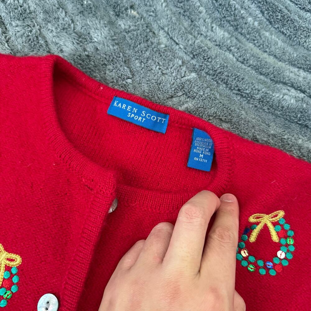 Wool Blend Red Sequin Christmas Novelty Vintage Holiday Sweater Cardigan 90’s - Picture 4 of 6